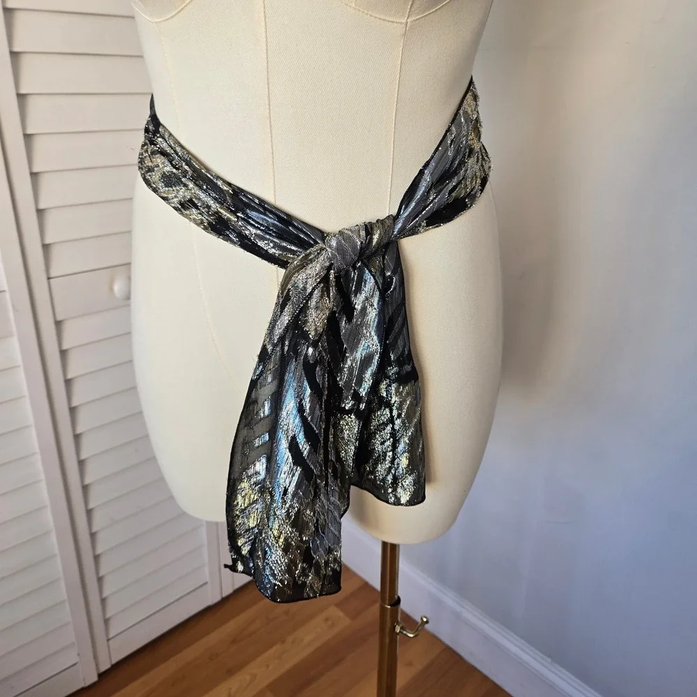 Black Metallic‎ Sheer Scarf Wrap Abstract Shimmer Evening Y2K Glam